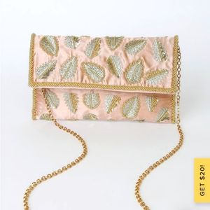 Lulu's Embroidered Satin Beaded Clutch Bag Purse Pink Gold